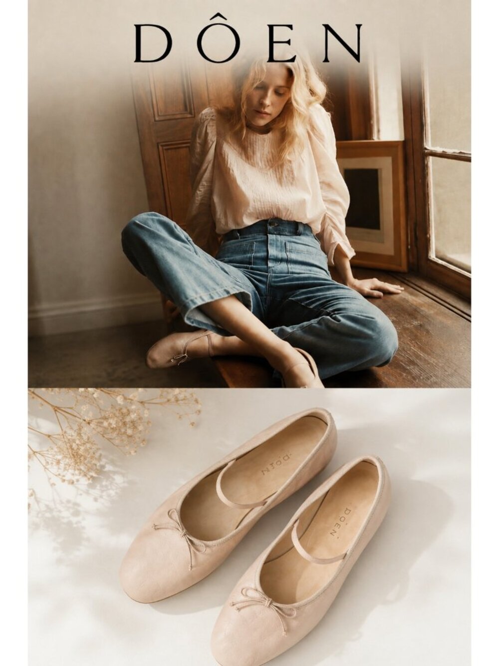 DÔEN Leather Ballet Flats Cream Square Toe Bow Mary Jane Size 11 Made in USA
